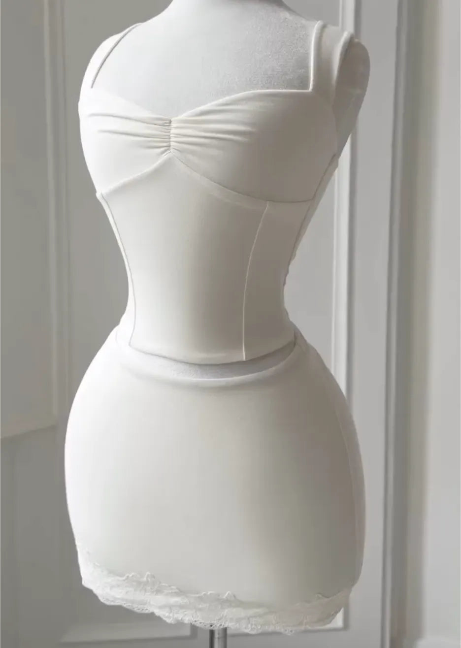White Sweetheart Corset Cami Top & Lace Hem Mini Skirt Two Piece Set, Slim Casual Party Matching Outfit