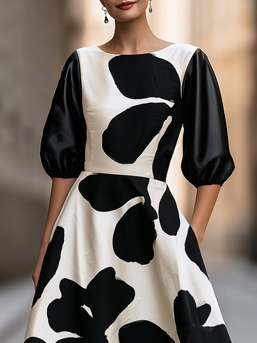 Black And Ivory Abstract Floral Puff Sleeve Maxi Dress