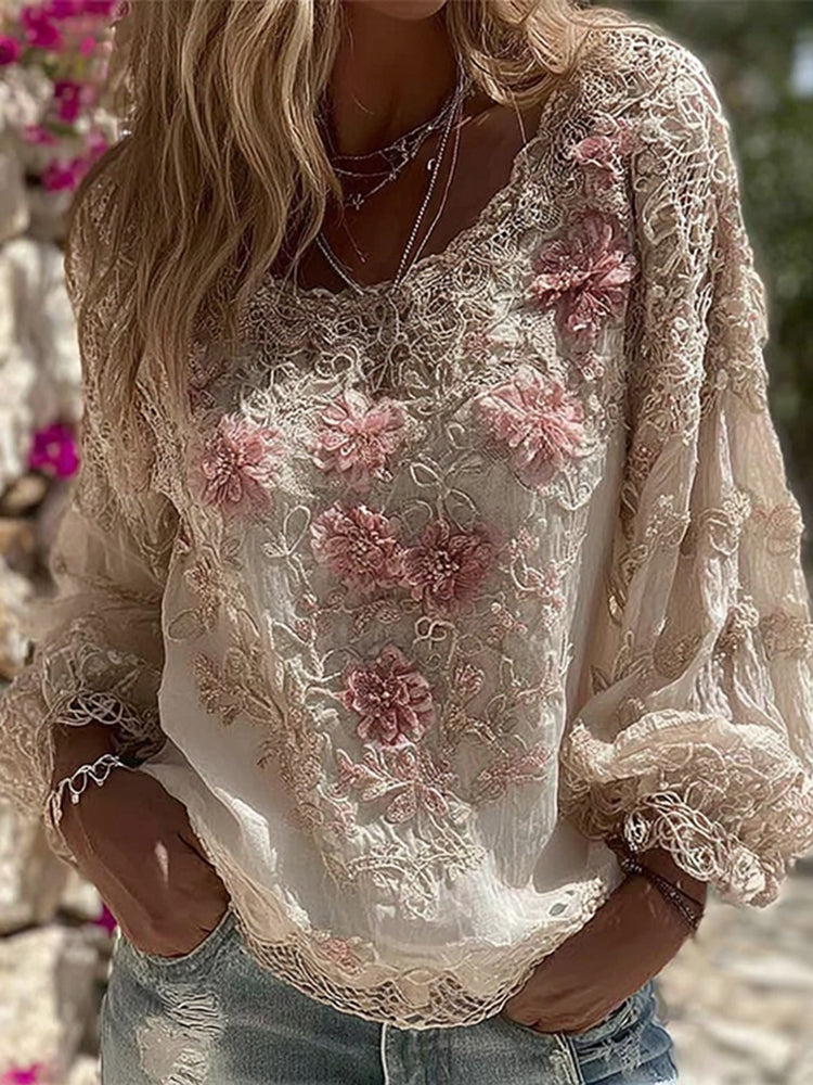 Women's Vintage Floral Art Comfy Long Sleeve T-shirt