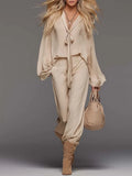 Elegant Flowing Versatile Tie-front V-neck Flared Sleeves Beige Chiffon Blouse And Pants Set