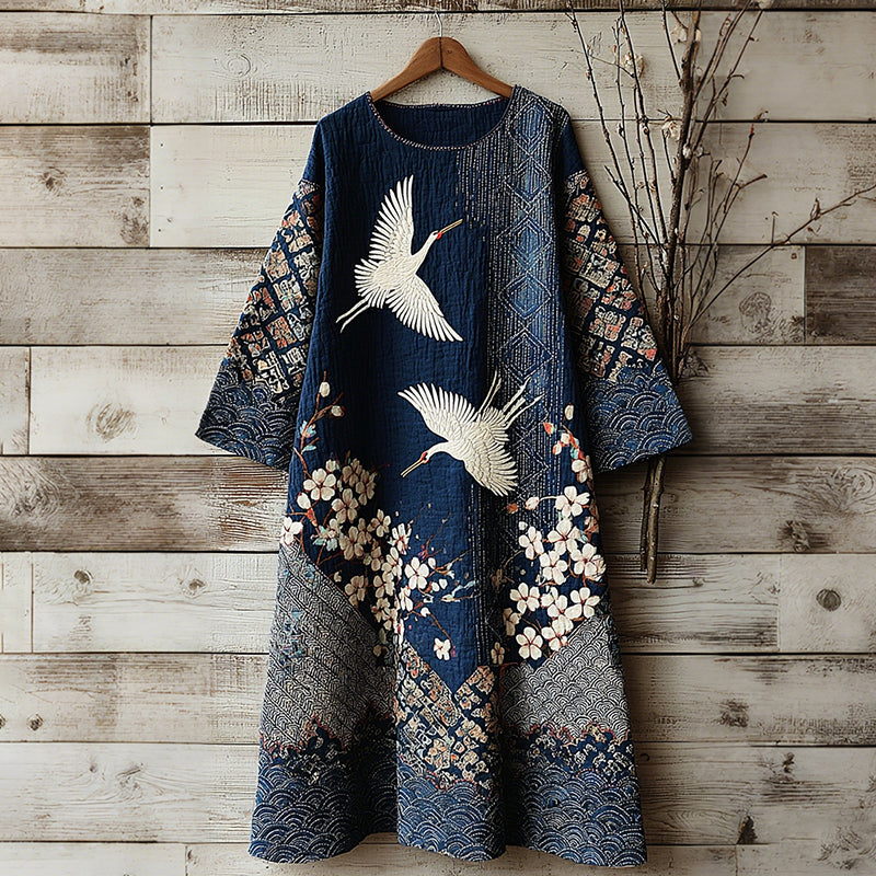 Women's Vintage Japanese Crane Art Linen Blend Round Neck Dress
