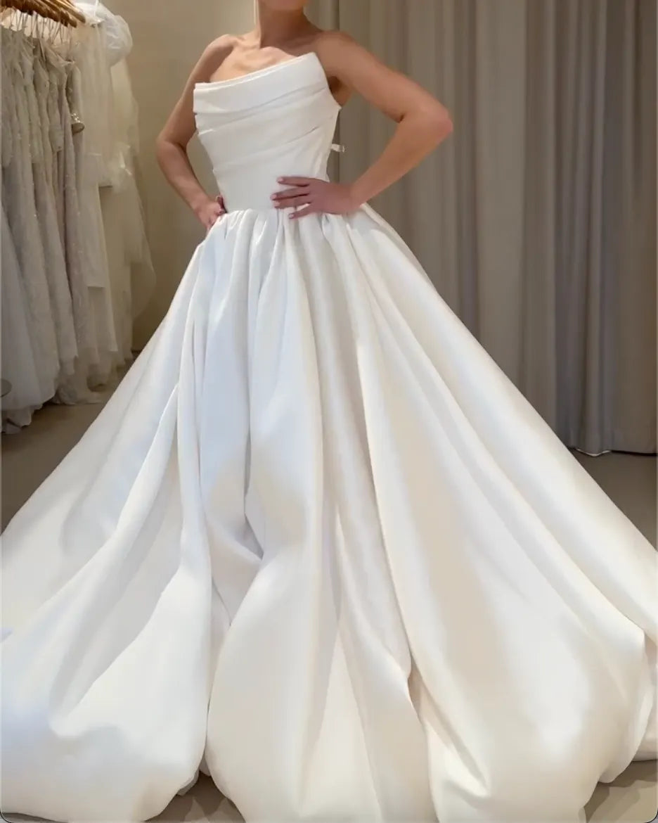 Strapless Draped Satin Ballgown Wedding Dress Minimalist Plain Satin Bridal Gown With Train