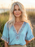 Women's Bohemian Retro Flowers Linen Blend  T-shirt