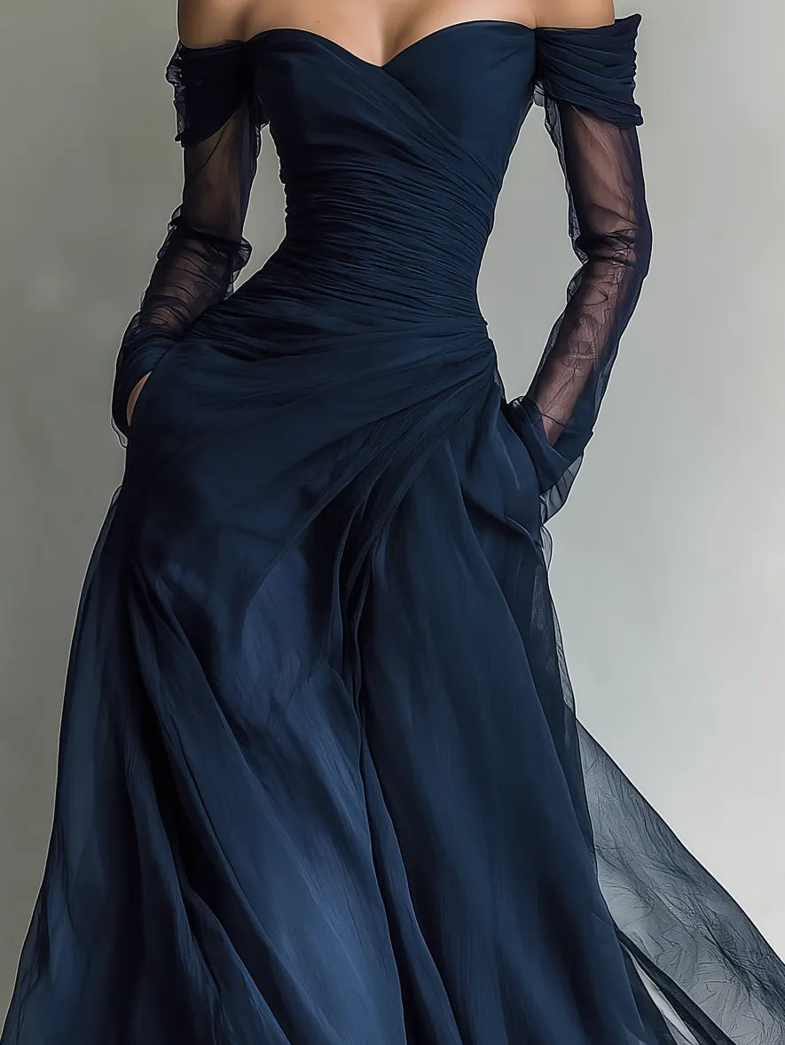 Elegant Off-Shoulder Chiffon Organza Maxi Dress