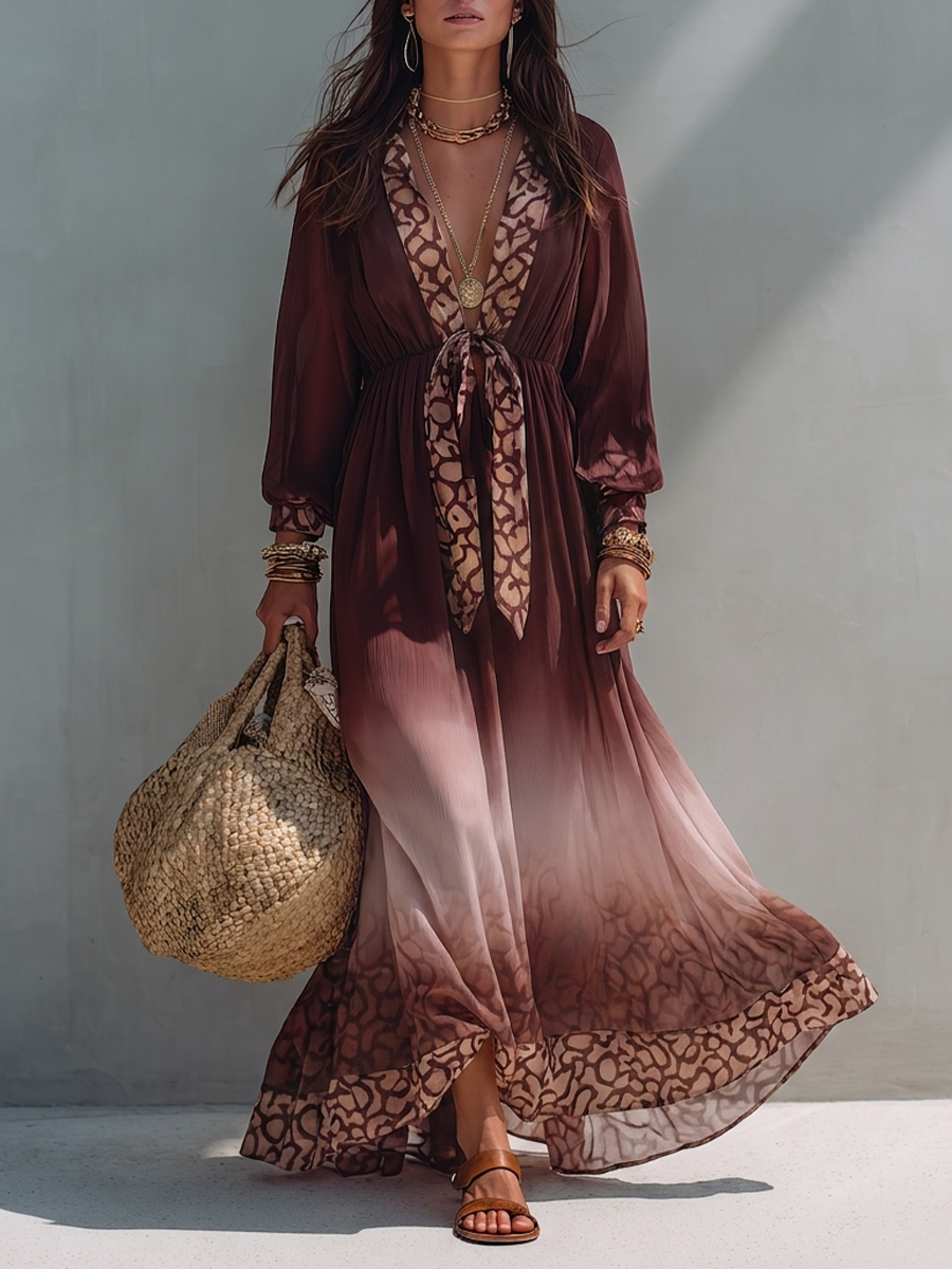 Resort Wine Red Printed Trim Flowy Kaftan Maxi Dress