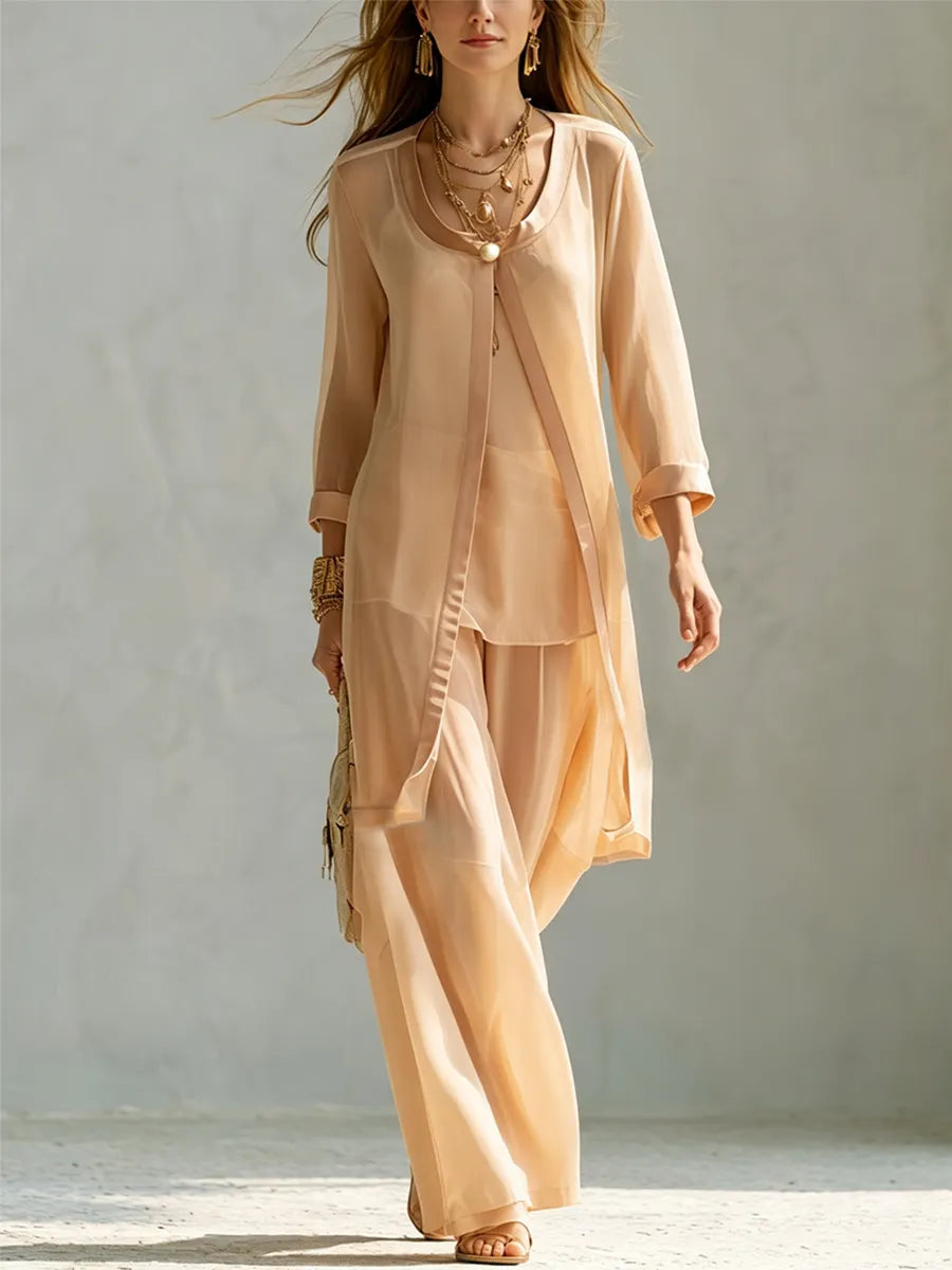 Resort Style Sheer Cover Up Camisole Wide Leg Pants Set