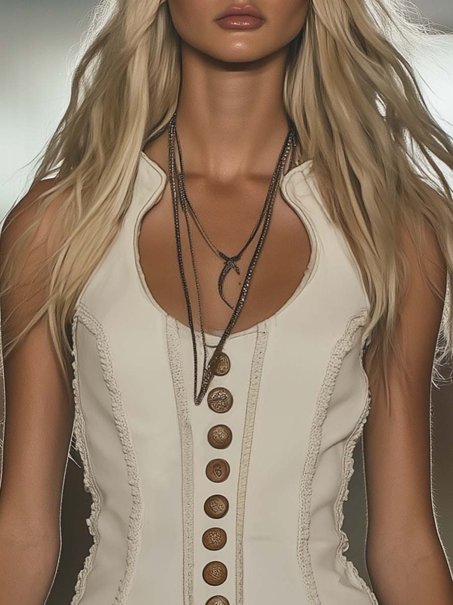 [24-hour shipping out]Elegant Western Chic Round Neck White Tassel Mini Dress