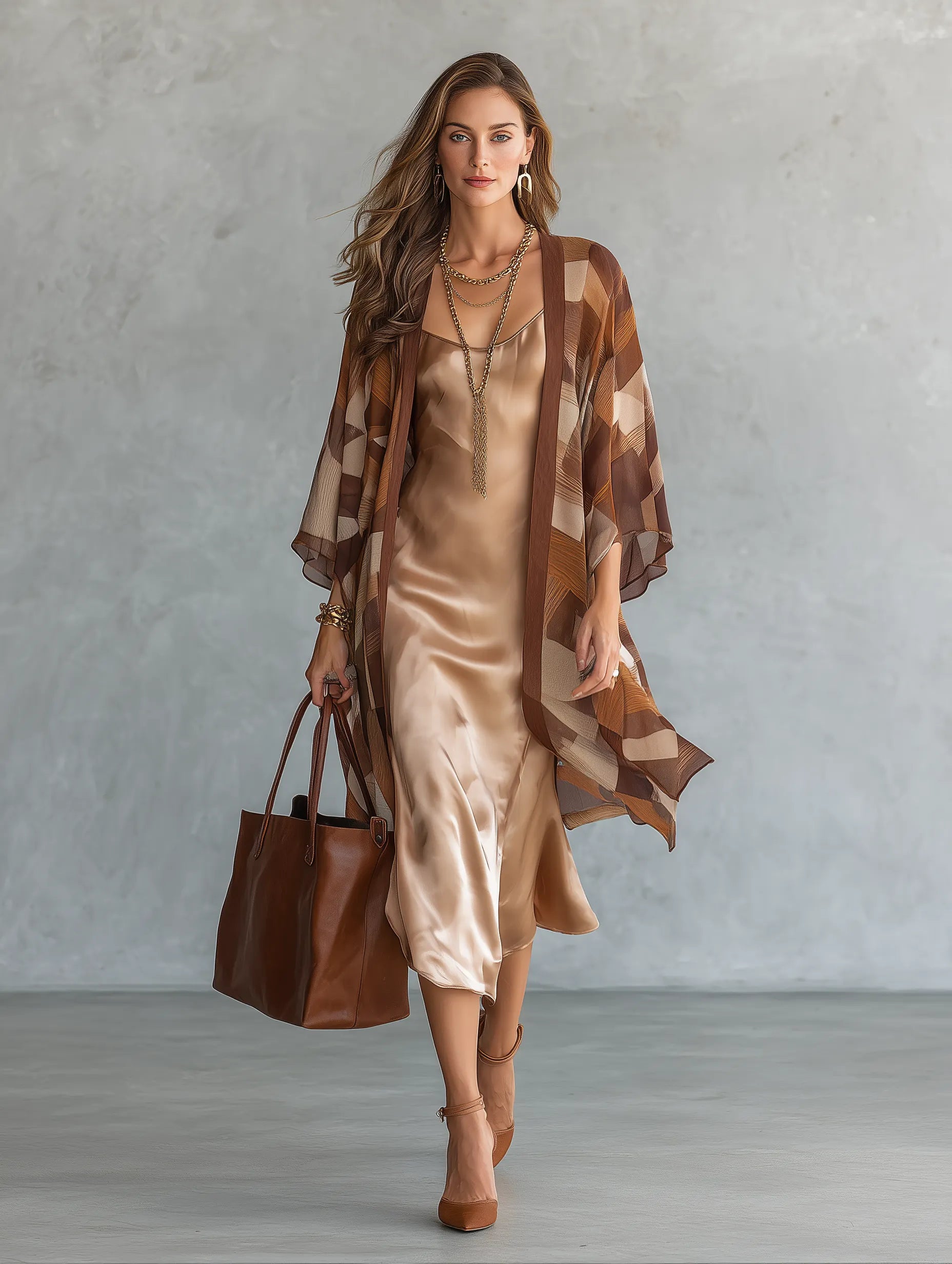 Geometric Print Kimono Cardigan with Satin Slip Dress Two-Piece Set
