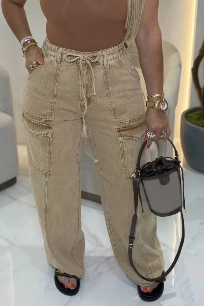 Women's Drawstring Wide-Leg Cargo Jeans