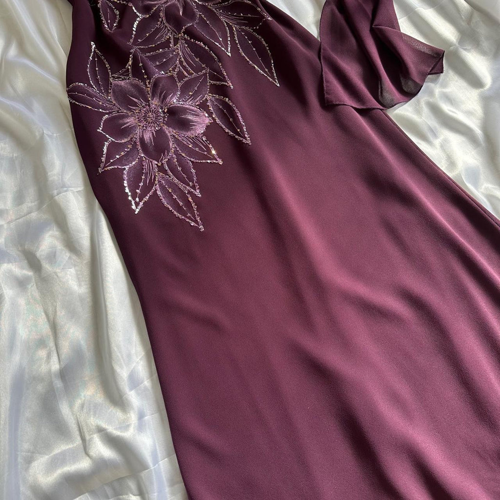 🍇✨ Deep Plum Purple Beautiful Beautiful Vintage Gorgeous Fashion Elegant Delicate Floral Beaded Long beaded Chiffon Flowing Ball Gown Evening Gown Birthday Wedding Guest Party Dress Prom Gown Mother of the Bride Gown