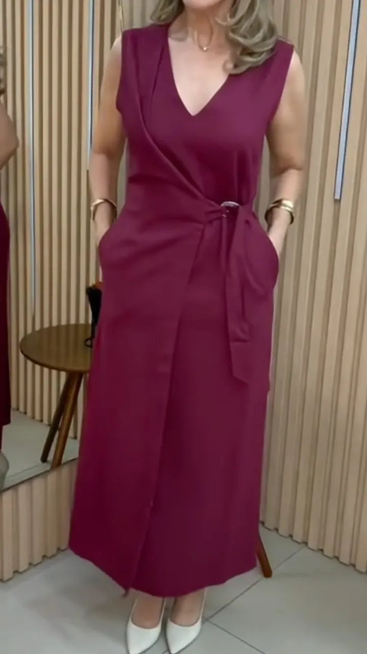 Women's V-Neck, Waist-Cinching, Sleeveless Faux Two-Piece Dress