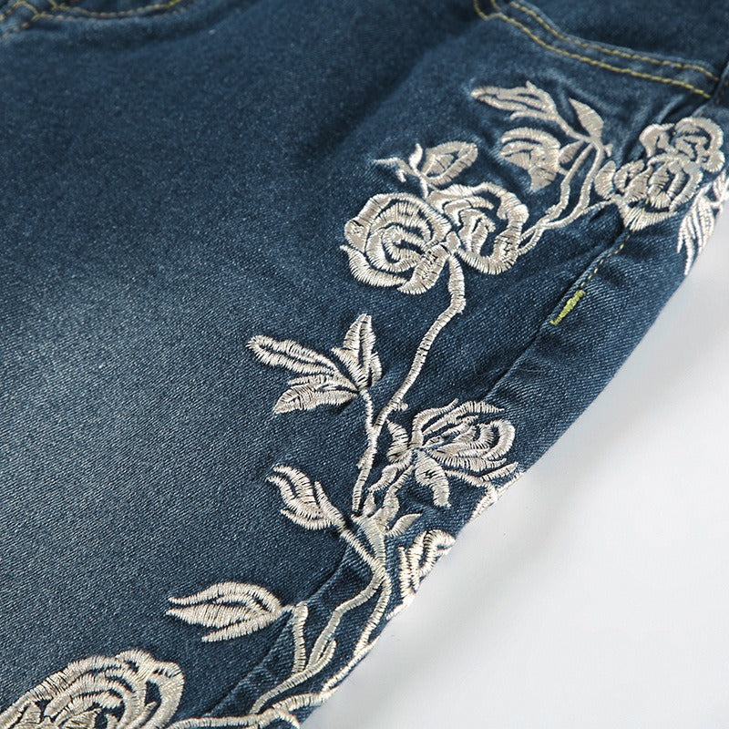 Vintage Bohemian Rose Embroidered Washed Flared Jeans
