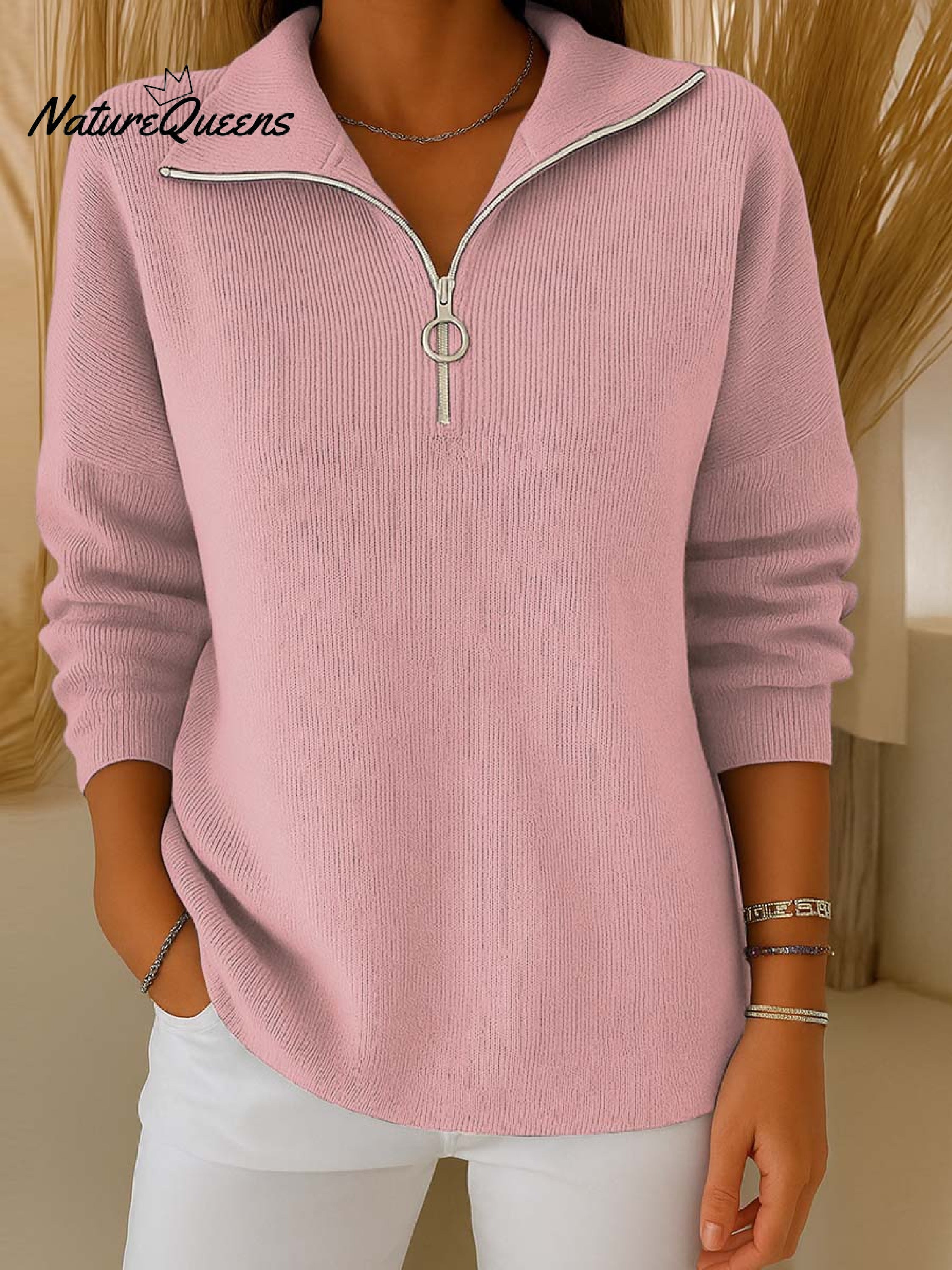 Women's Solid Color Lapel Long Sleeve Casual Pullover Sweater