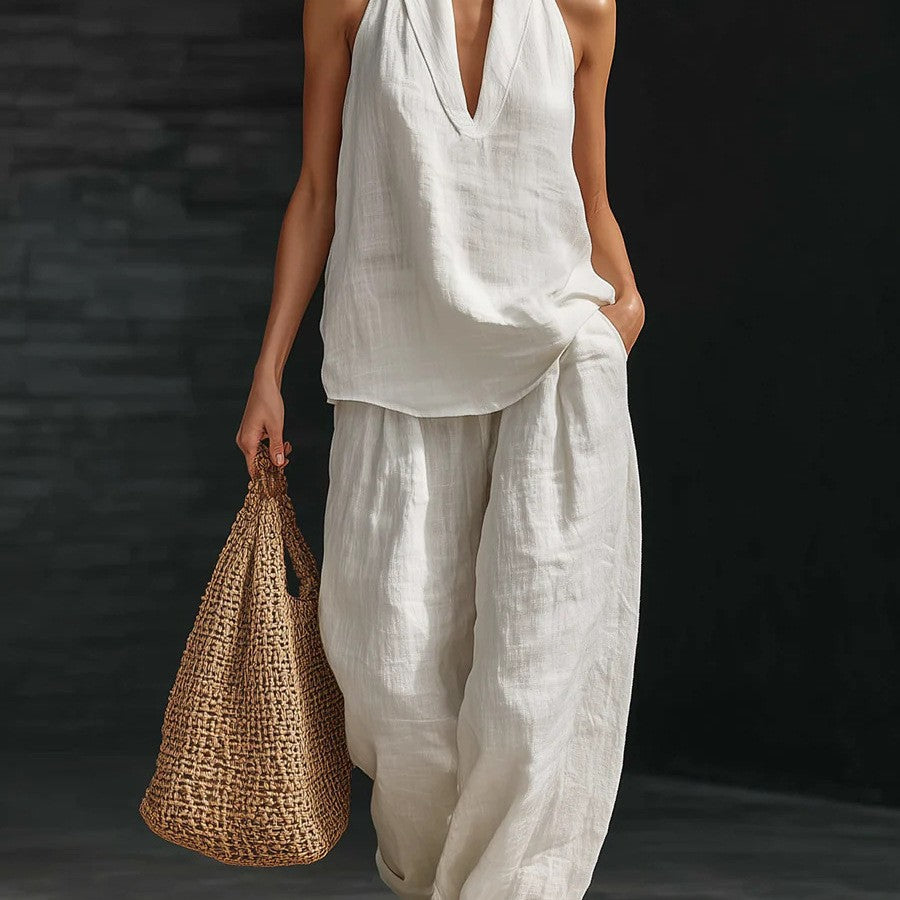 Boho Linen-Look Halter Set - Sleeveless V-Neck Top & Flowy Wide-Leg Pants Two-Piece Suite