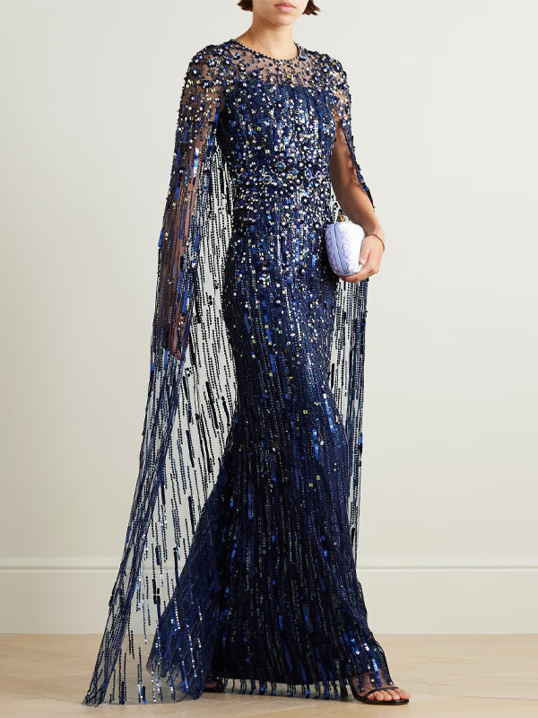 Round Neck Sequined Solid Color Maxi Dress