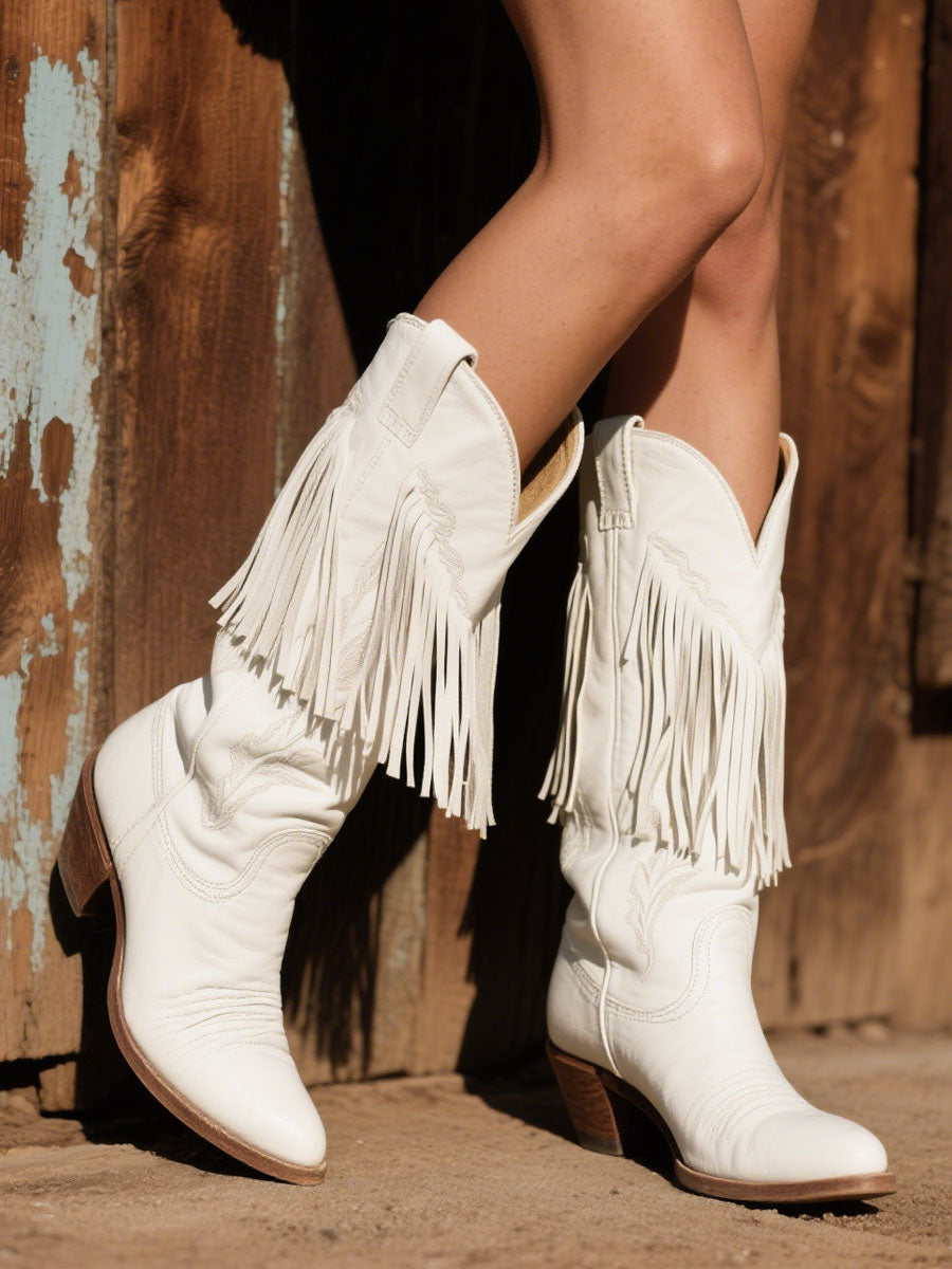 [24-hour shipping out]Women's Western Embroidered Tassel Leather Cowboy Boots