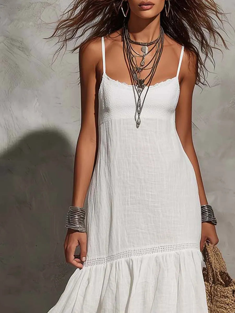 Boho Spaghetti-strap Lace Trim Cotton-linen Midi Dress+