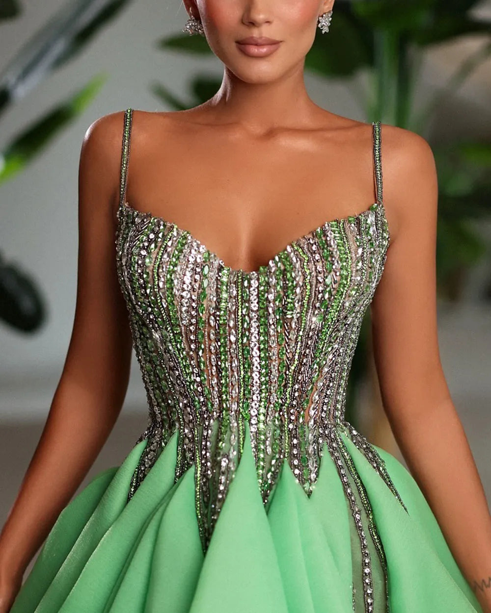 Green Crystal Rhinestone Sequin Mini Dress