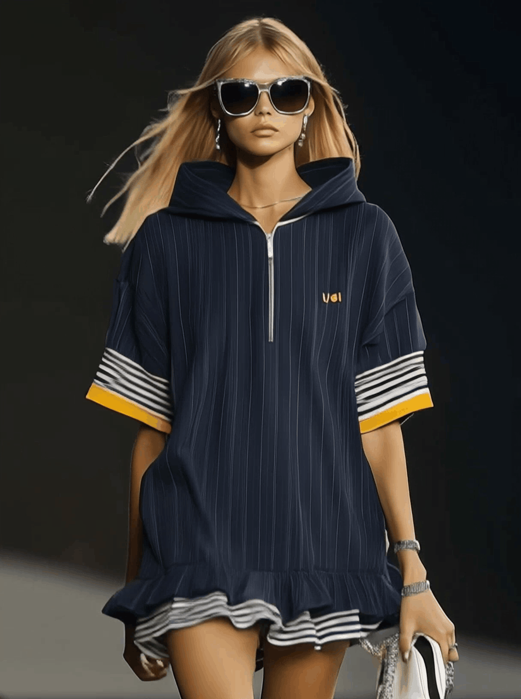 [24-hour shipping out]Casual Ultra-loose Front Zipper Short-sleeved Ruffled Hem Navy Blue Hoodie Style Mini Dress
