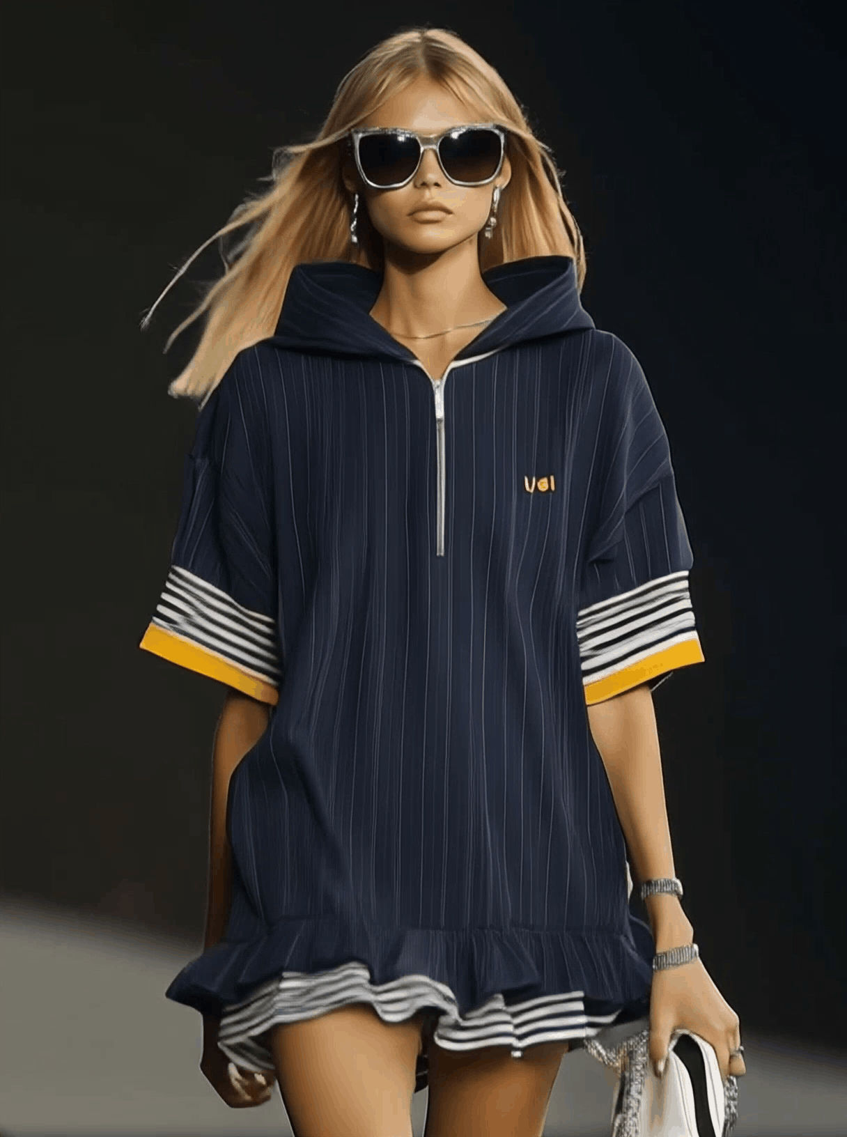 [24-hour shipping out]Casual Ultra-loose Front Zipper Short-sleeved Ruffled Hem Navy Blue Hoodie Style Mini Dress