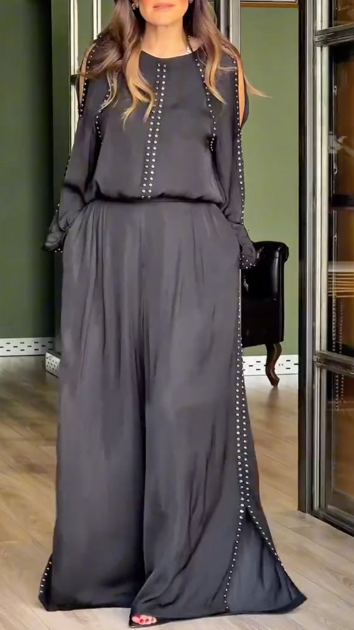 Studded Cold Shoulder Top Wide Leg Pants Set