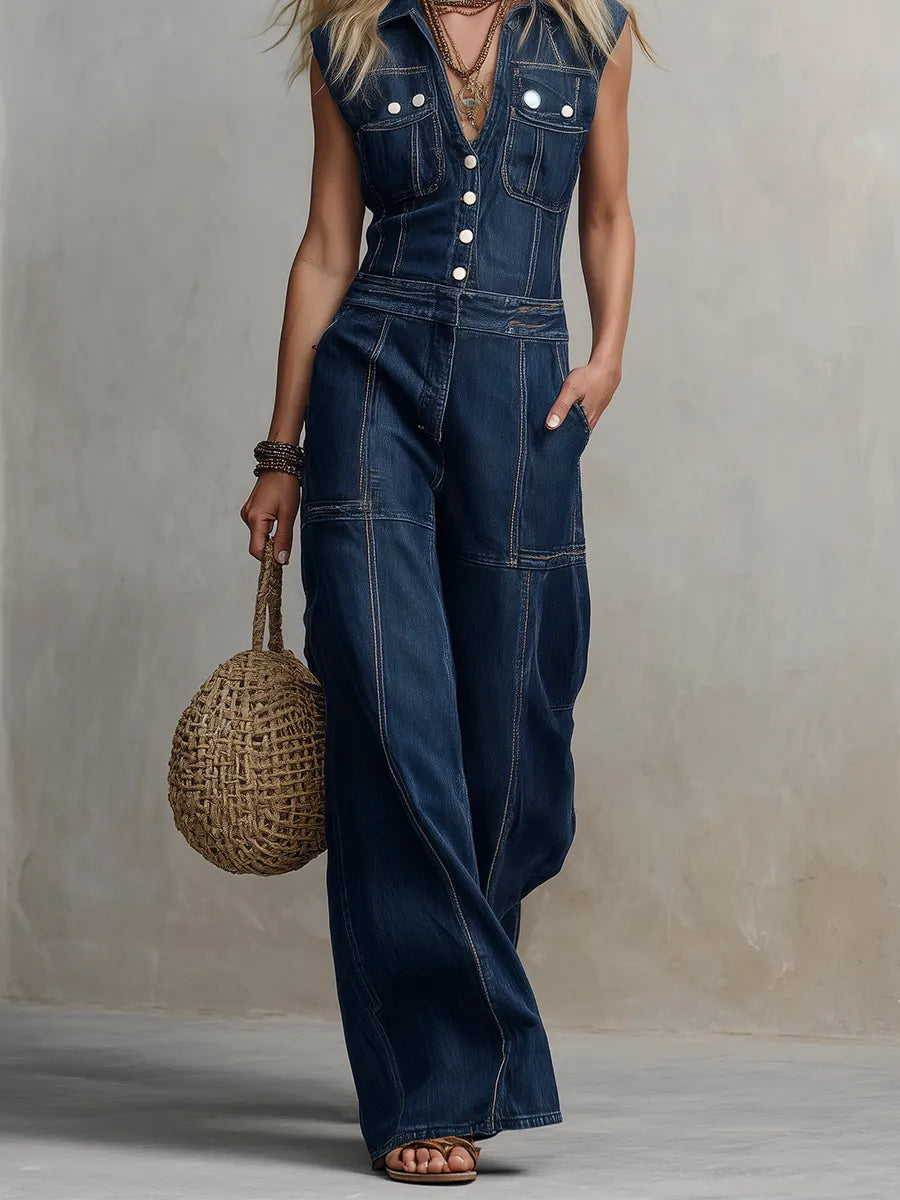 Modern Bohemian Collared Wide Leg Denim Overall Jumpsuit