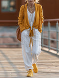 Coastal Boho Mustard Knit Cardigan & White Linen Cargo Pant Set