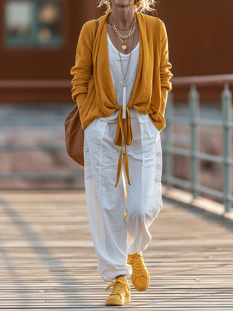Coastal Boho Mustard Knit Cardigan & White Linen Cargo Pant Set