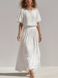 Romantic White Lace Trim  Blouse Midi Skirt Set