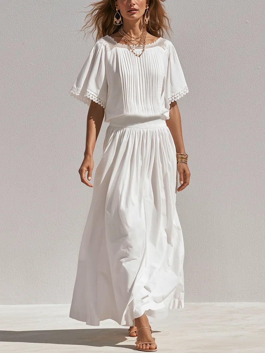 Romantic White Lace Trim  Blouse Midi Skirt Set