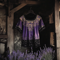 Bohemian Lavender Embroidery Gradient Patchwork Art Linen Short Sleeve T-shirt