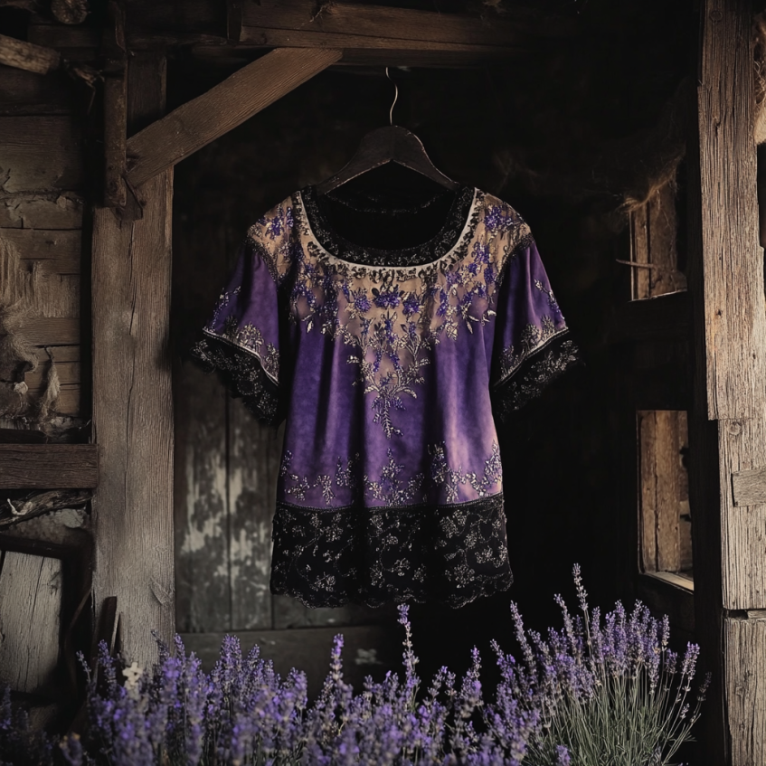 Bohemian Lavender Embroidery Gradient Patchwork Art Linen Short Sleeve T-shirt
