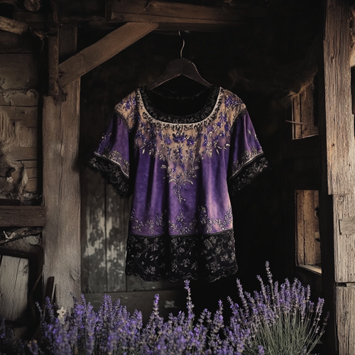 Bohemian Lavender Embroidery Gradient Patchwork Art Linen Short Sleeve T-shirt