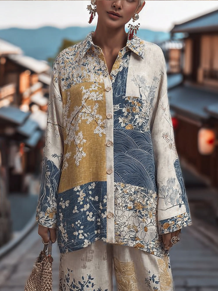 Women's Japanese Traditional Floral Patchwork Art Printed Linen Long Sleeve Shirt