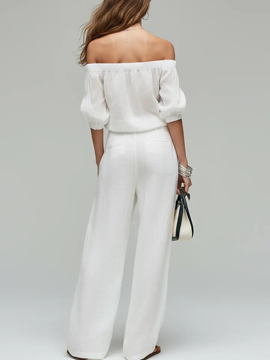 White Off-the-shoulder Linen Blend Top And Wide-leg Pants Set