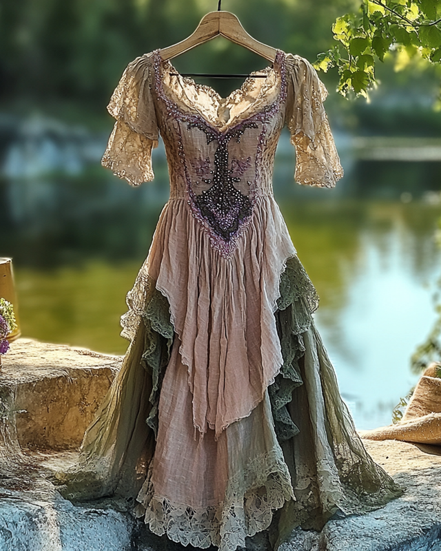 Summer Irregular Lace Patchwork BeadedRuffle Dress 9a62