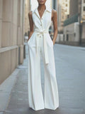 Elegant Sleeveless Blazer Jumpsuit - Professional Wide-Leg One-Piece with Waist Tie