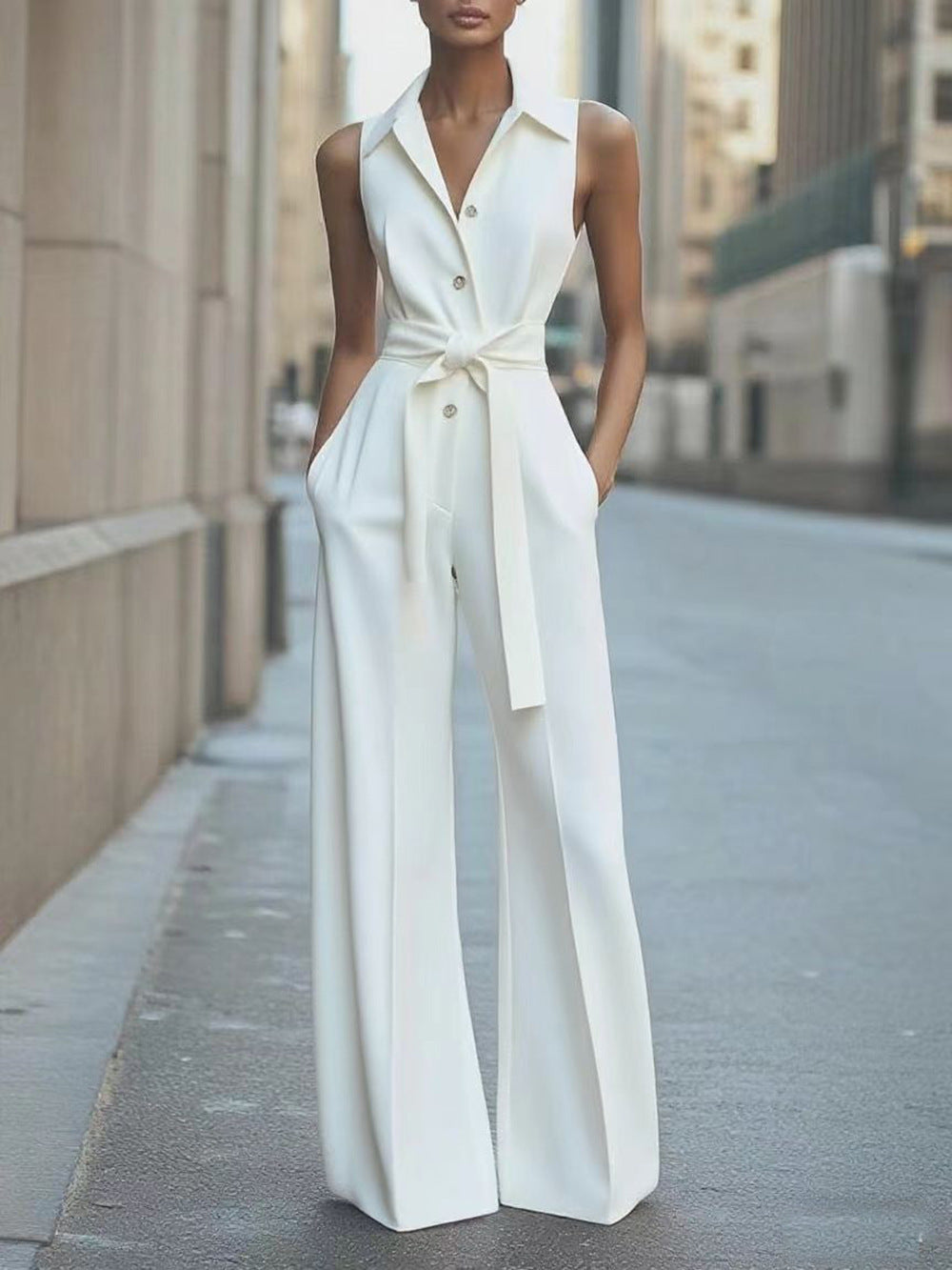 Elegant Sleeveless Blazer Jumpsuit - Professional Wide-Leg One-Piece with Waist Tie