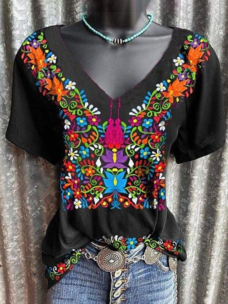 Women V-Neck Boho Print Short Sleeve Loose Summer T-Shirt