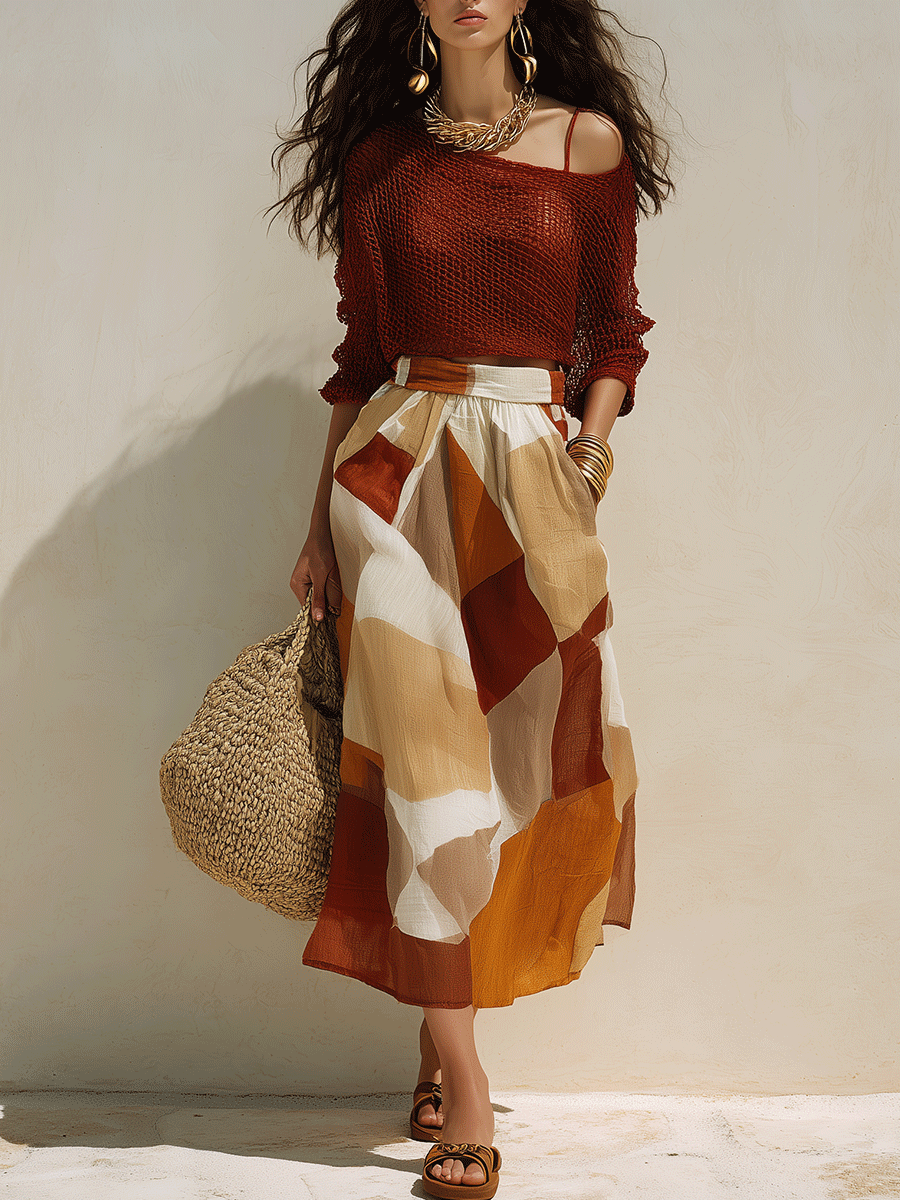 Bohemian Mesh Knit Rust Red Resort Off-Shoulder Midi Set