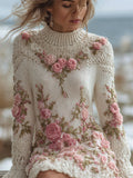 Vintage Pink Floral Lace Embroidered Cozy Knit Sweater Dress