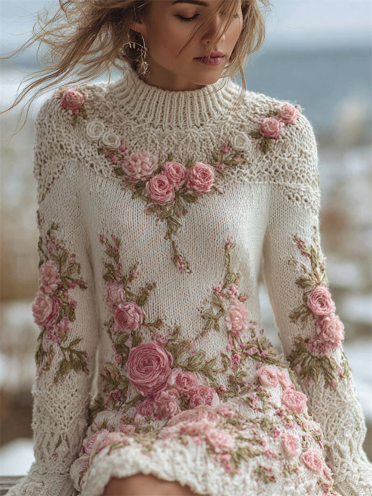 Vintage Pink Floral Lace Embroidered Cozy Knit Sweater Dress