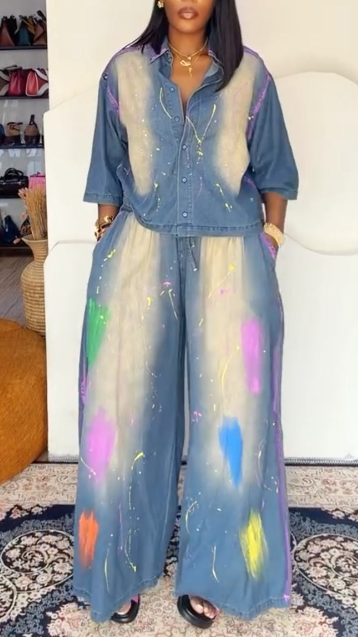 Women's Lapel Washed Print Casual Suit