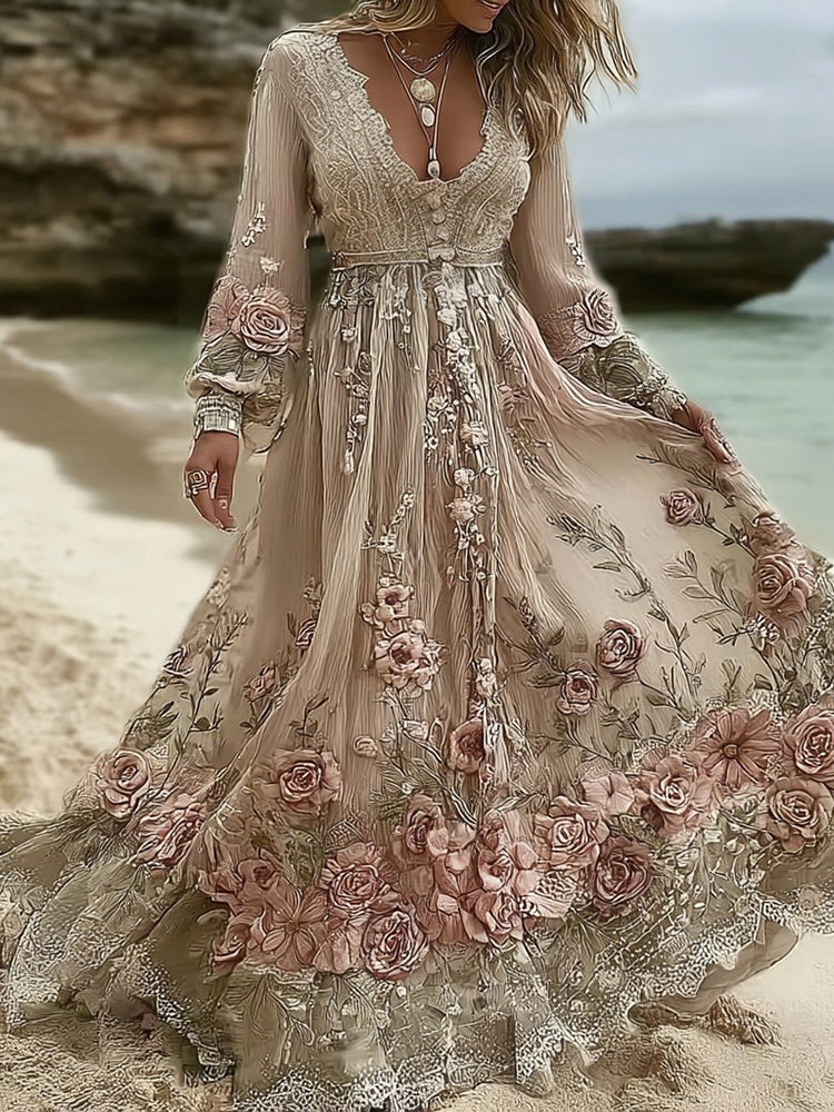 Women's Pink Rose Embroidered Casual And Elegant V-neck Dress