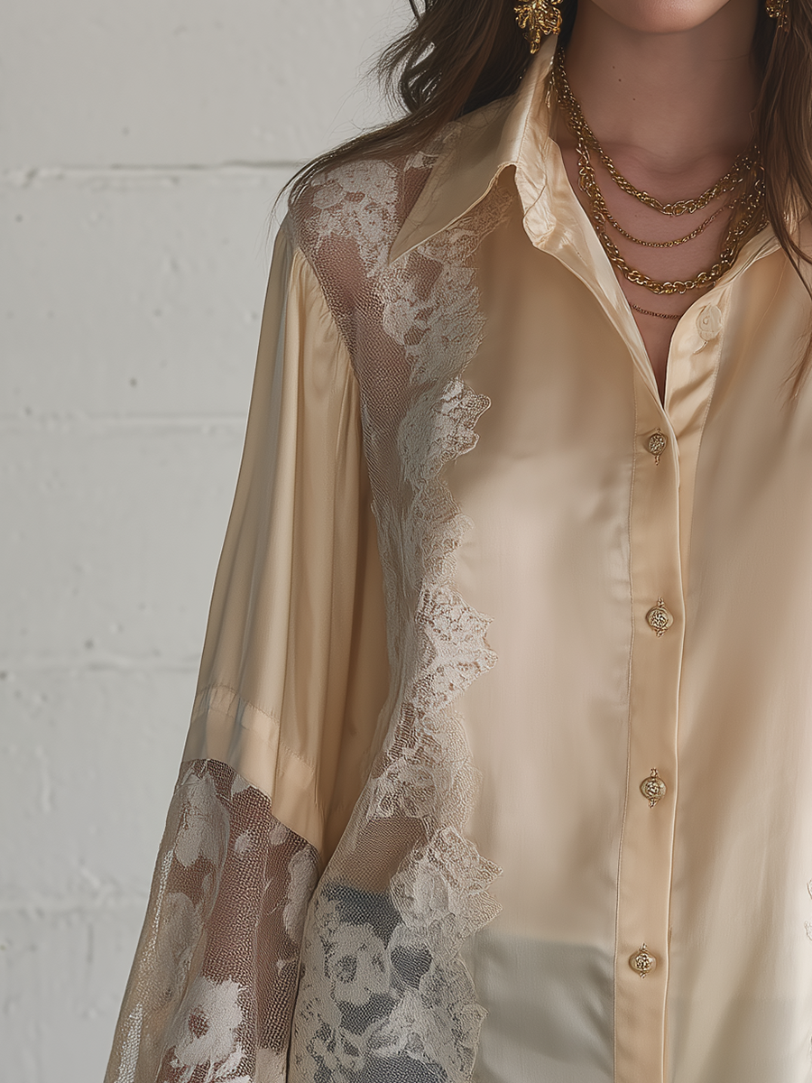 Delicate Champagne Lace Panel Shirt