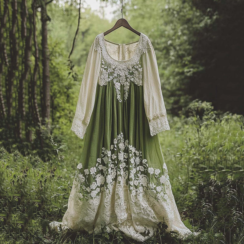Vintage Floral Embroidered Pattern Linen Contrast Color Maxi Dress