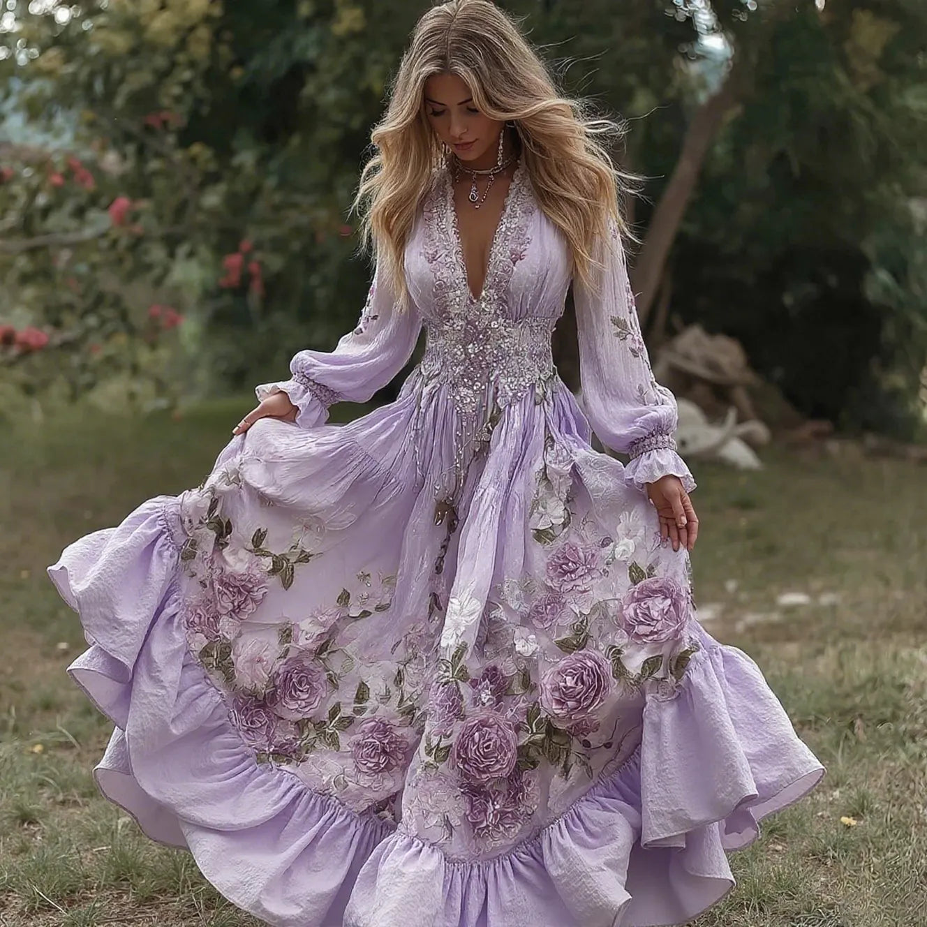 Women's Vintage Roses Embroidery Art V-neck Long Sleeves Maxi Dress