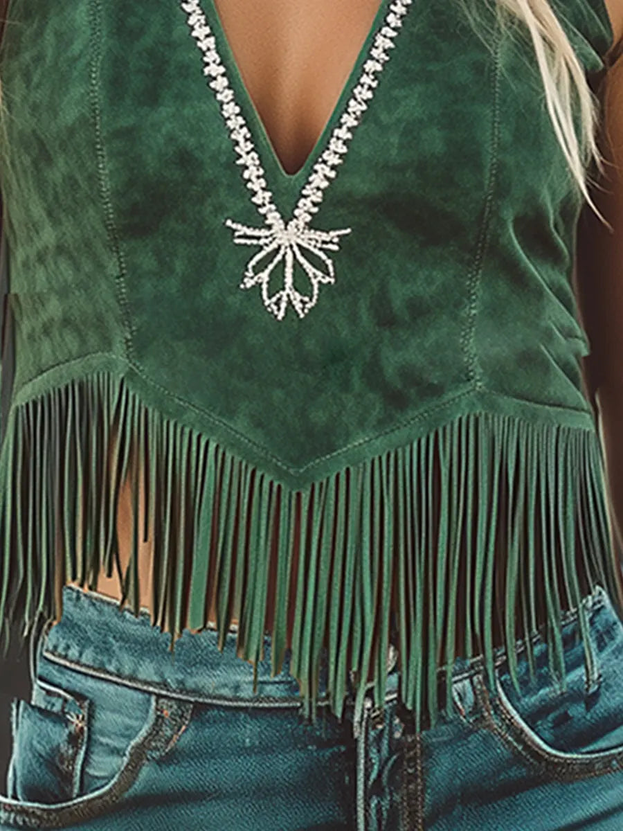 [24-hour shipping out]Vintage Rich Green Suede Embroidered Tassel Top