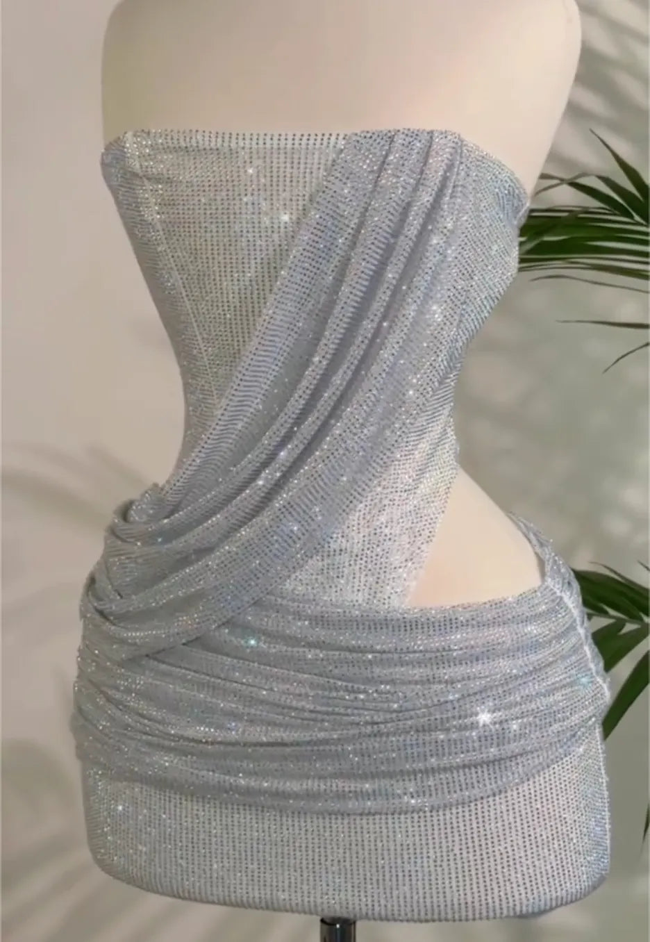 Strapless Draped Rhinestone Mesh Mini Bodycon Dress, Silver & Gold Cutout Waist Club Party Evening Gown