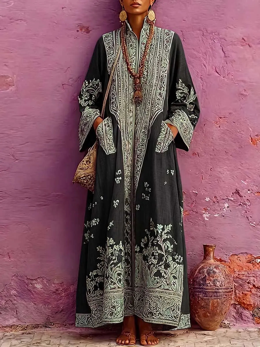Women's Casual Loose Cotton-linen Dress With Placement Print Stand Collar And Long Sleeves